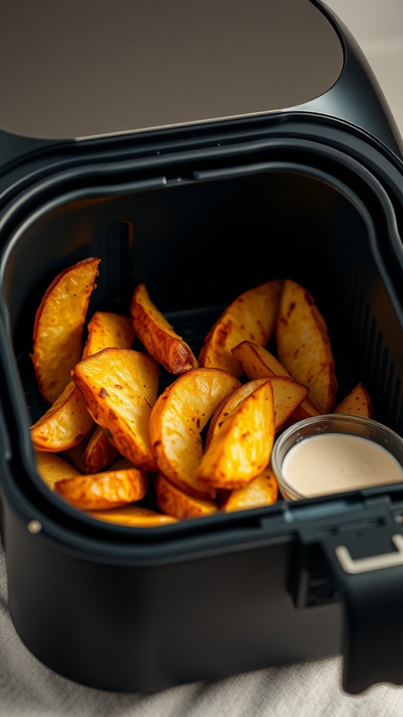 Crispy air fryer potato wedges in an air fryer basket with a small bowl of dipping sauce.