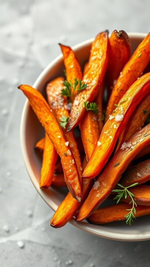 Bowl of crispy air fryer sweet potato fries garnished with herbs.