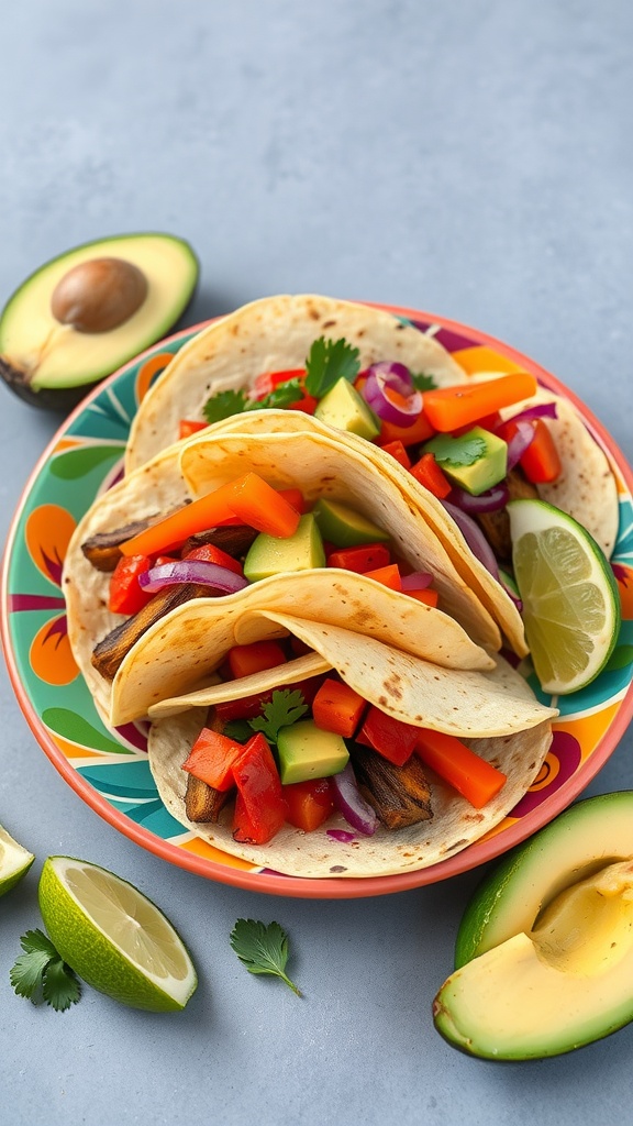 Crispy air fryer veggie tacos on a colorful plate, garnished with avocado and lime.