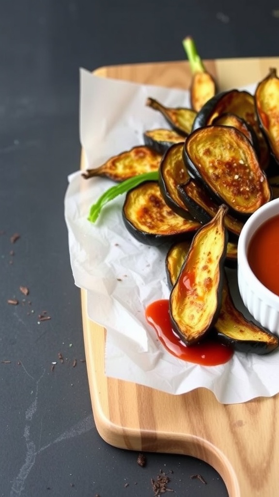Crispy baked eggplant fries on a wooden board with dipping sauce.
