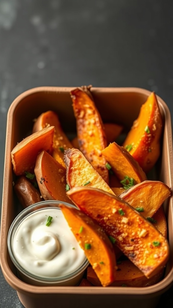 Crispy baked sweet potato wedges in a bento box with a dipping sauce