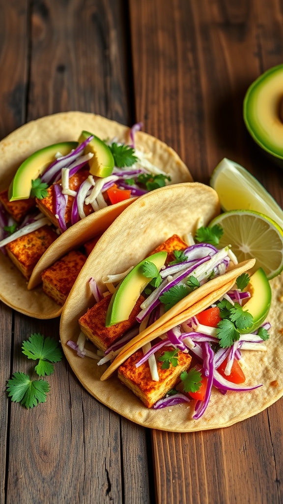Crispy baked tofu tacos with fresh toppings on wooden table
