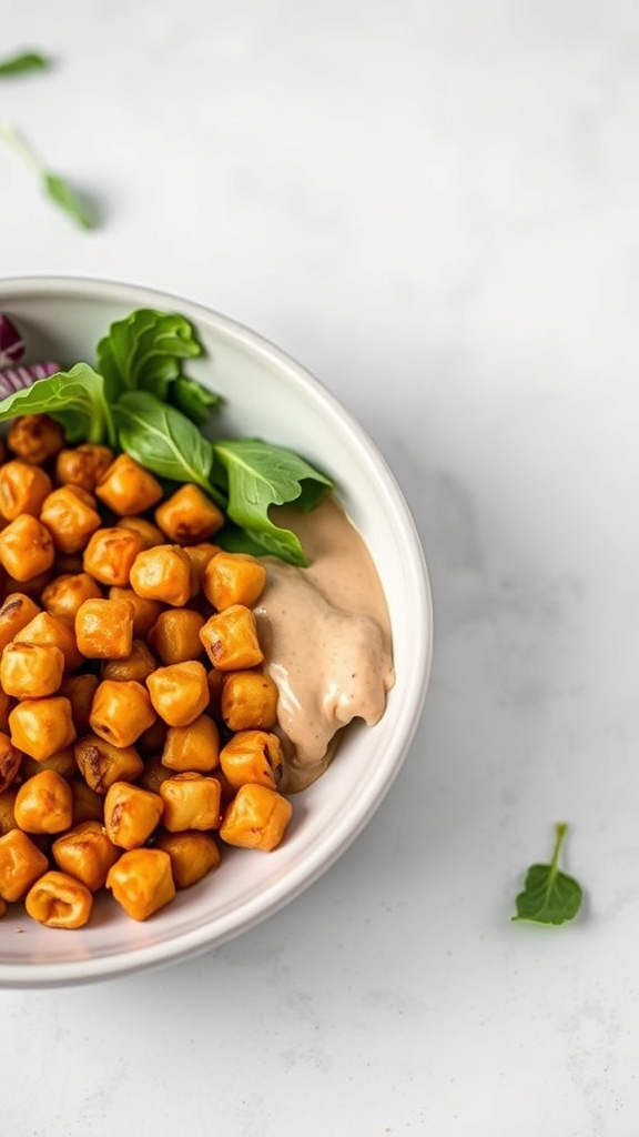A bowl of crispy chickpeas with greens and sauce