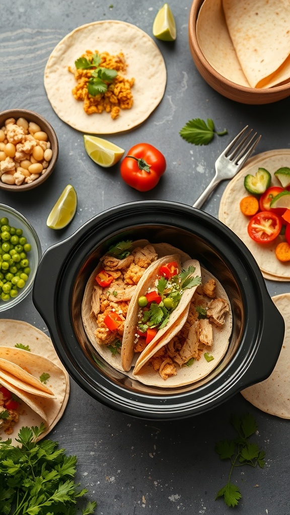 A spread of ingredients for making crockpot chicken tacos, including tortillas, chicken, beans, and fresh vegetables.