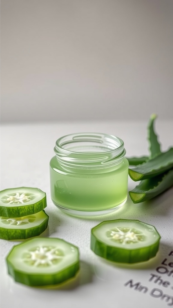 Jar of cucumber and aloe vera gel with sliced cucumbers and aloe vera leaves