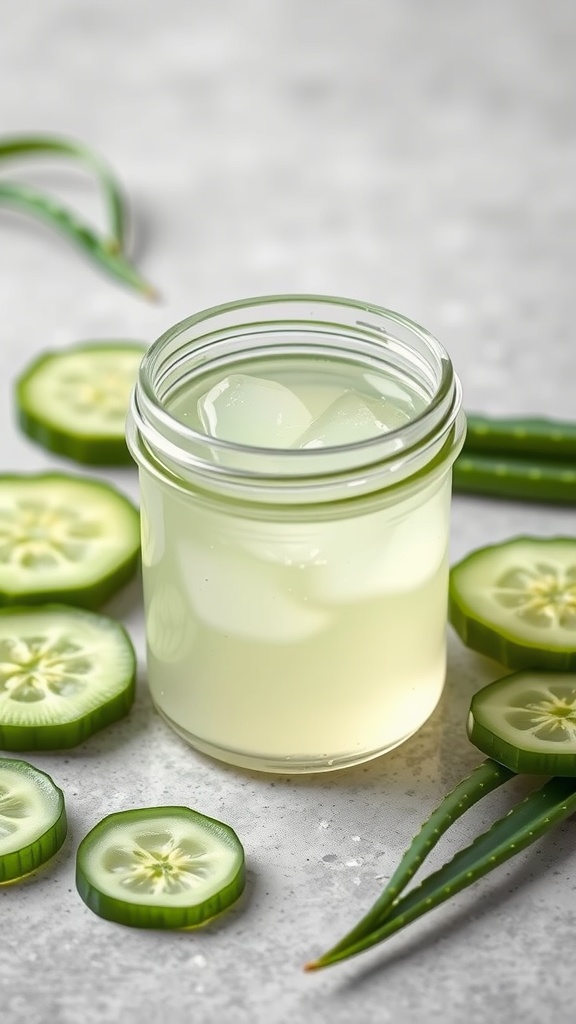 A jar of cucumber and aloe vera gel surrounded by cucumber slices and aloe vera leaves.