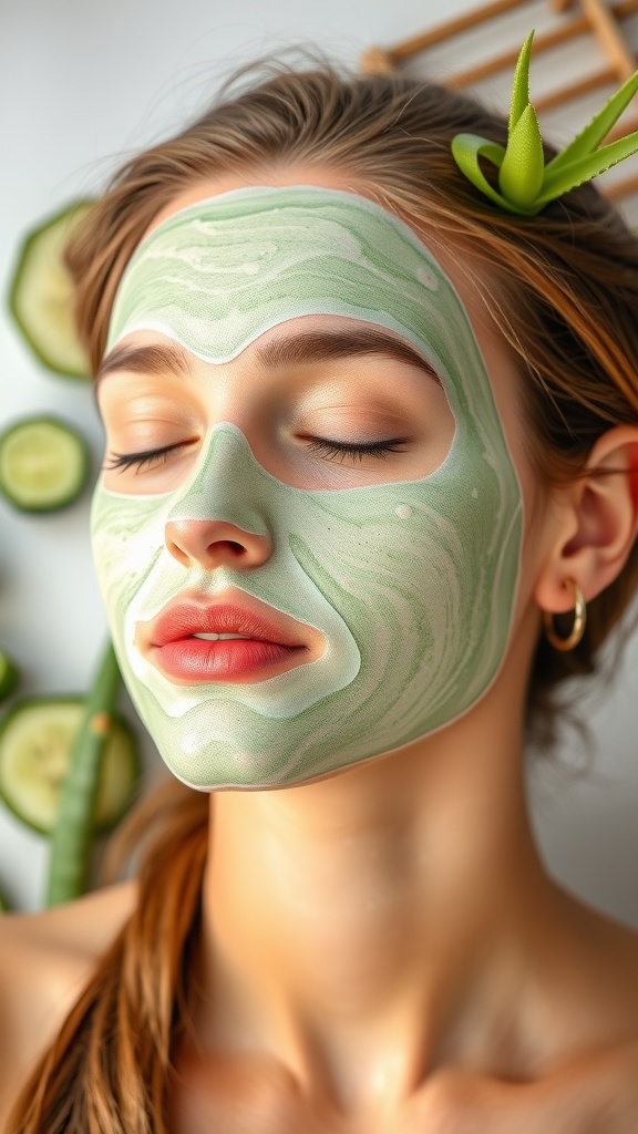 A person with a green hydrating mask on their face, surrounded by slices of cucumber and aloe vera leaves.