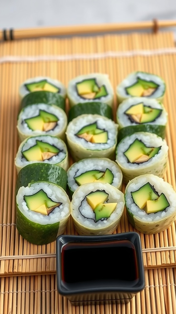 Cucumber and avocado sushi rolls displayed on a bamboo mat with soy sauce