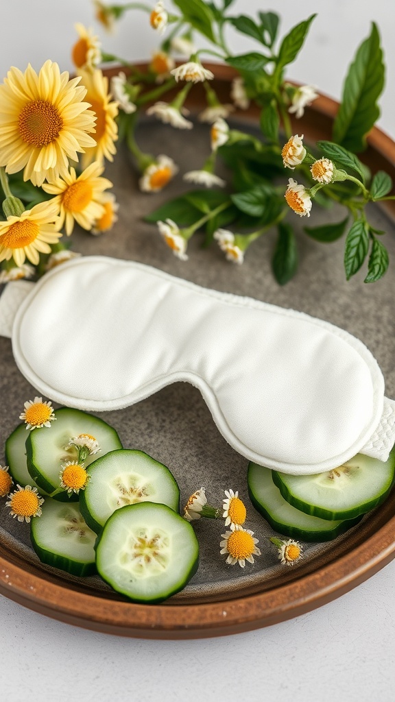 Cucumber slices and chamomile flowers arranged around a white eye mask on a tray.