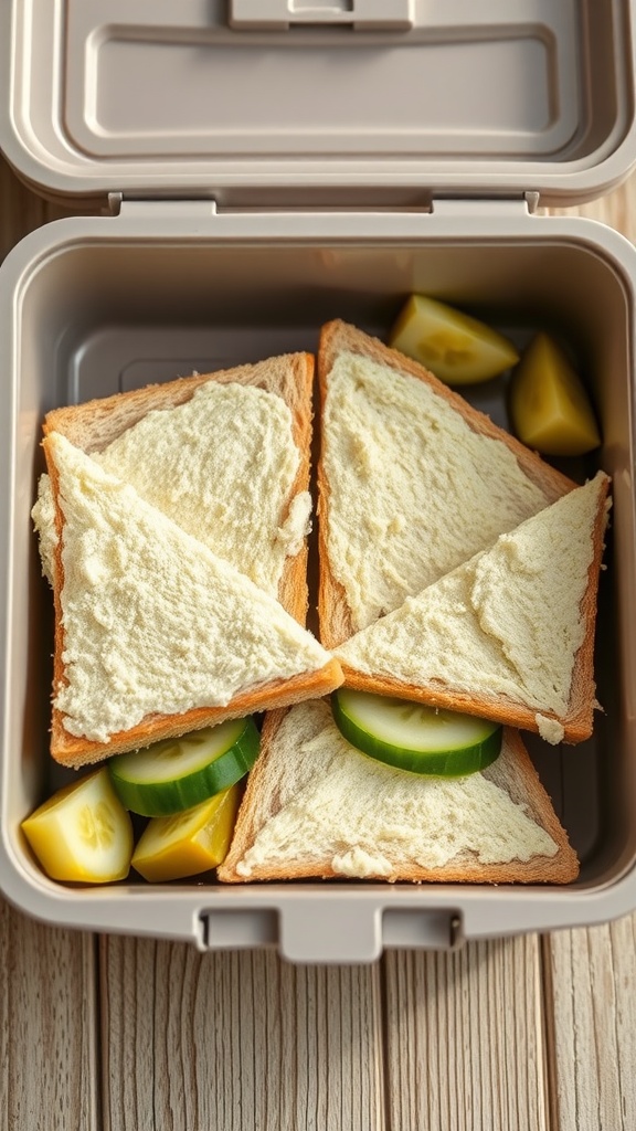 Cucumber and cream cheese sandwiches in a lunchbox with lemon slices and cucumber slices.
