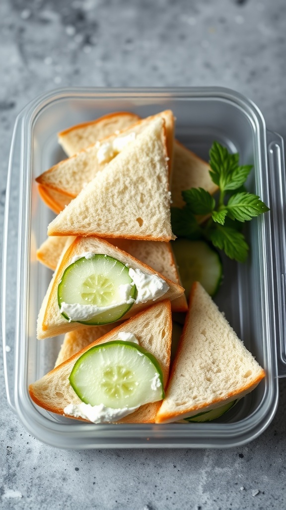 A container filled with cucumber and cream cheese sandwiches, cut into triangles, garnished with mint leaves.