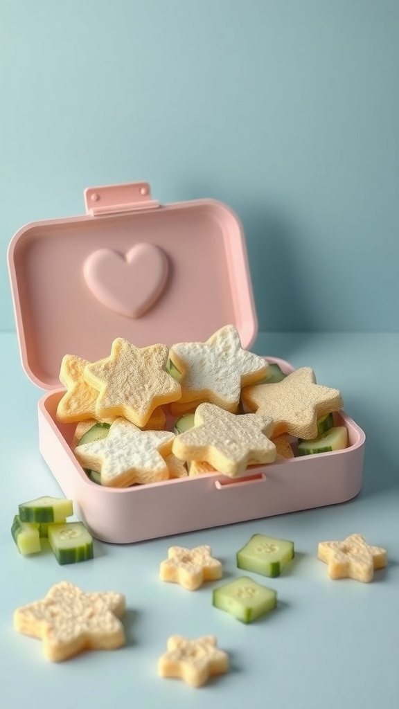 Star-shaped cucumber and cream cheese sandwiches in a lunchbox