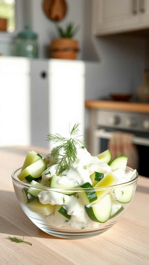 A bowl of cucumber and Greek yogurt salad garnished with dill.