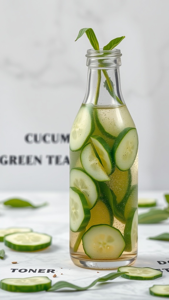 A bottle filled with cucumber slices and green tea, surrounded by cucumber slices on a clean surface.