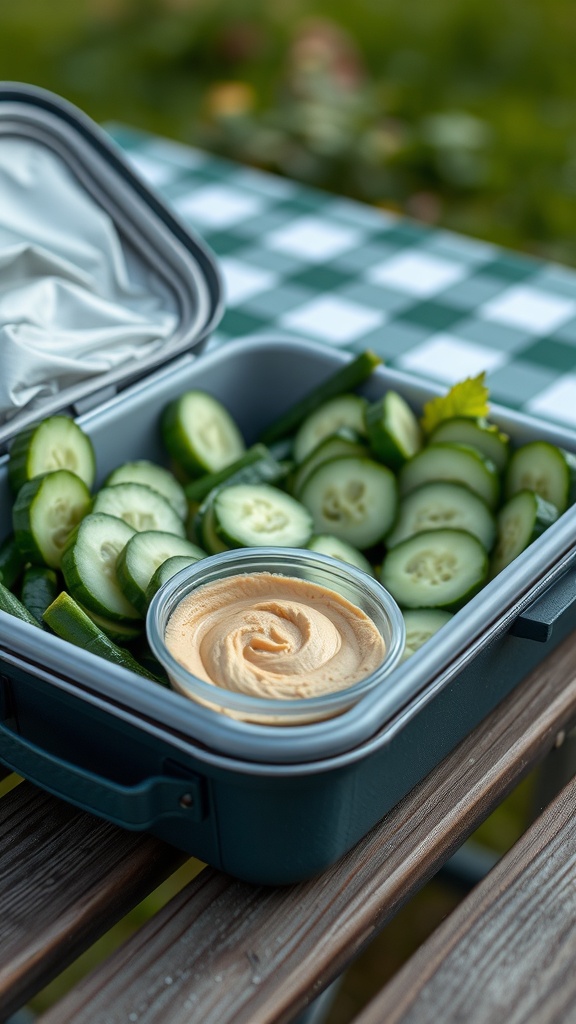 A meal prep container filled with sliced cucumbers and a bowl of hummus on a picnic table.