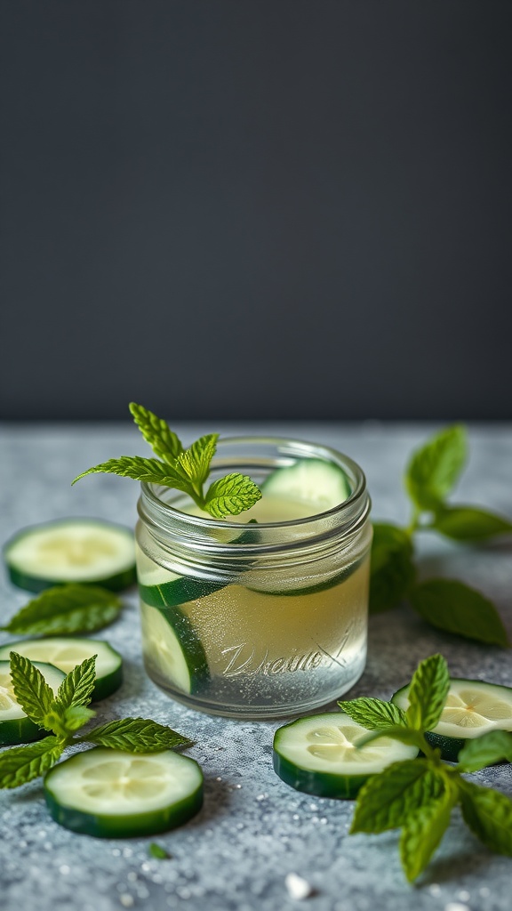 A jar of cucumber and mint cooling gel surrounded by cucumber slices and mint leaves