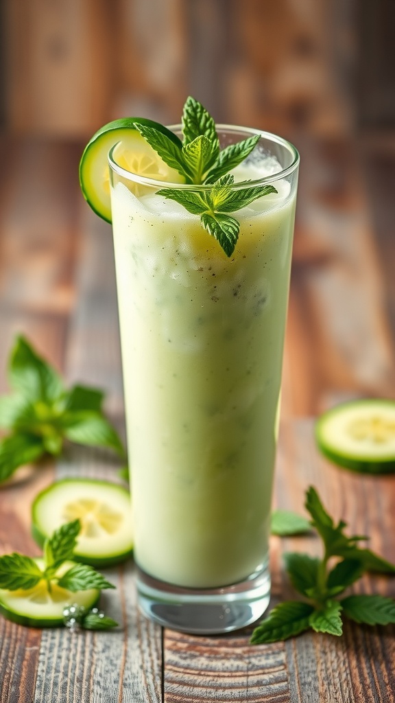 A refreshing cucumber and mint detox smoothie served in a tall glass.
