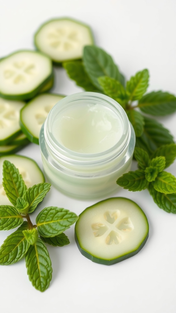 A jar of cucumber and mint eye gel surrounded by cucumber slices and mint leaves.
