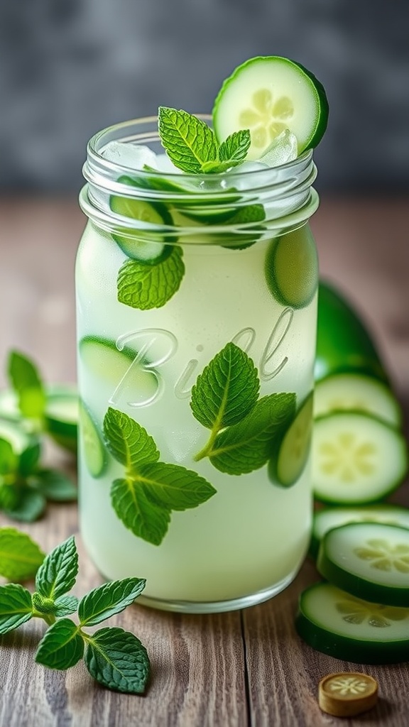 Cucumber and mint smoothie in a jar with cucumber slices and mint leaves around it.
