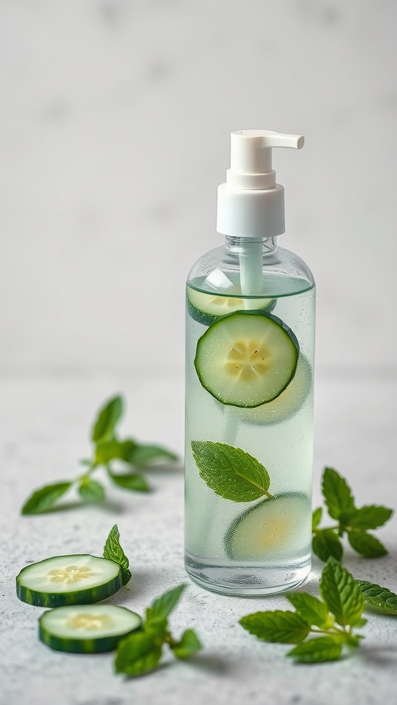 A bottle of cucumber and mint toner with slices of cucumber and mint leaves around it.
