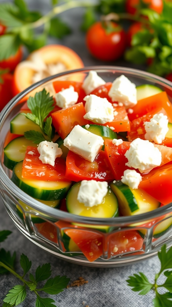 A fresh cucumber and tomato salad with feta cheese in a glass bowl.