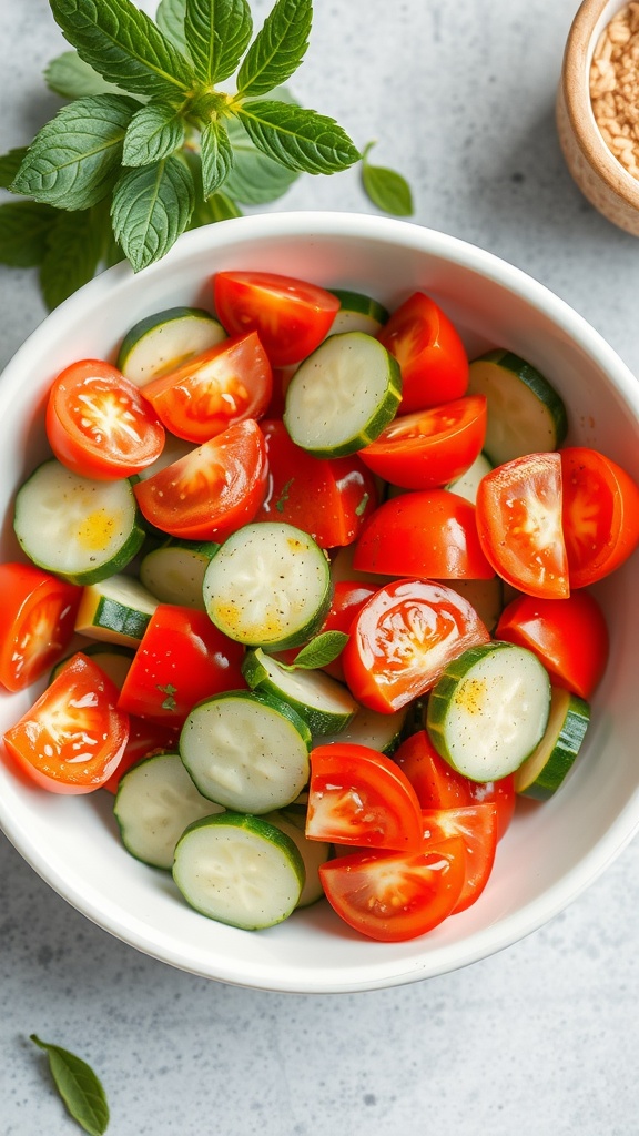 A fresh cucumber and tomato salad in a bowl with herbs.