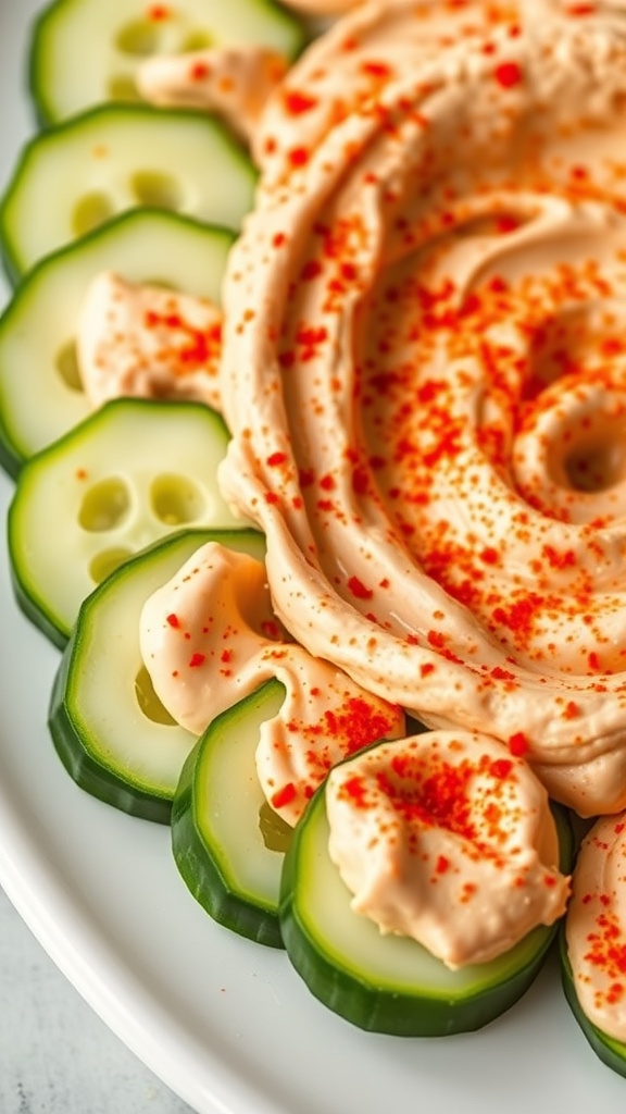 Cucumber slices topped with hummus and paprika