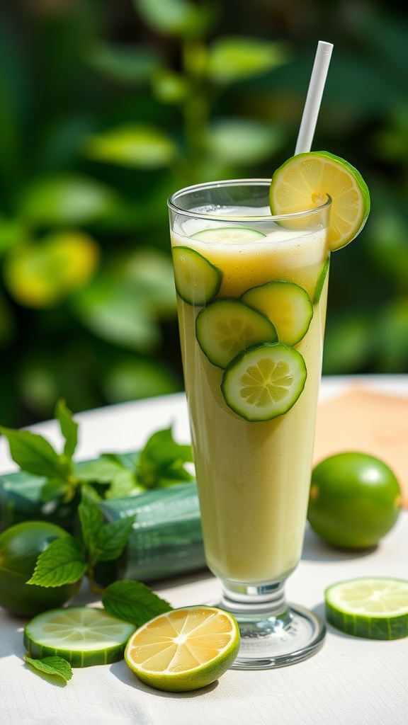 A refreshing cucumber lime smoothie with mint leaves and lime slices.