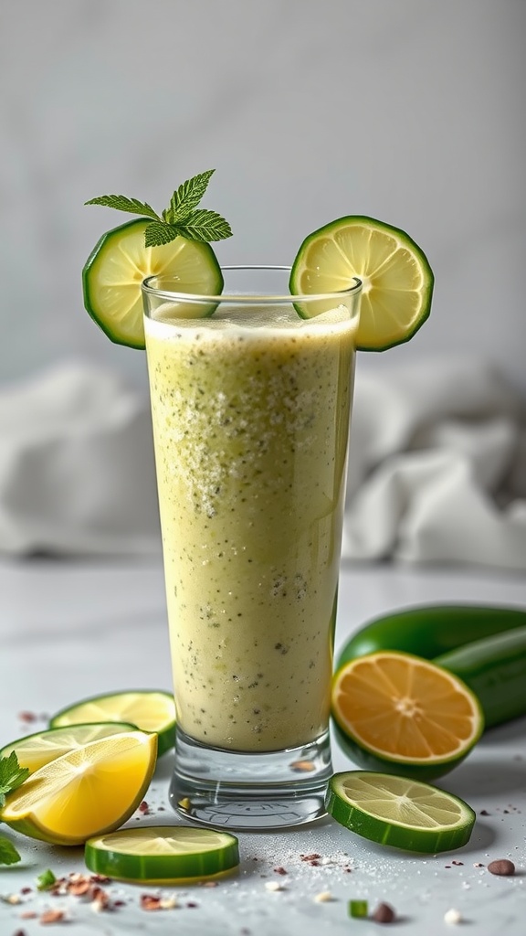 A refreshing cucumber lime smoothie garnished with mint leaves and lime slices.