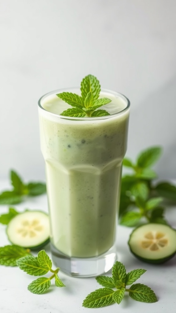 A refreshing cucumber mint cooler smoothie garnished with mint leaves