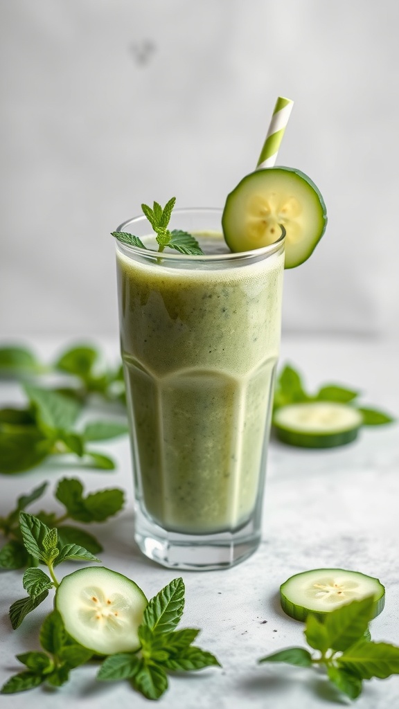 A refreshing cucumber mint smoothie garnished with cucumber slices and mint leaves.