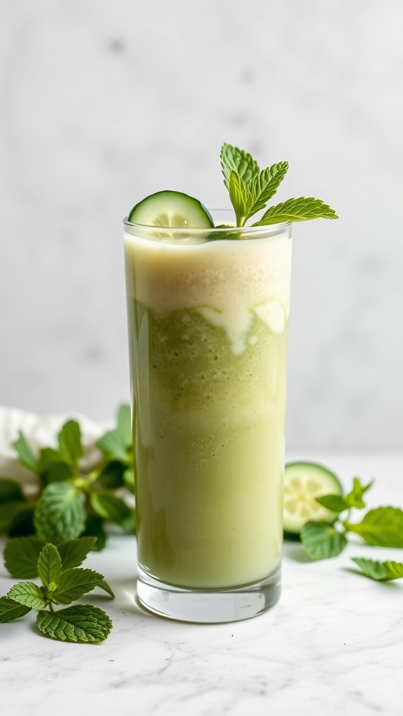 A refreshing cucumber mint smoothie served in a tall glass with mint leaves.