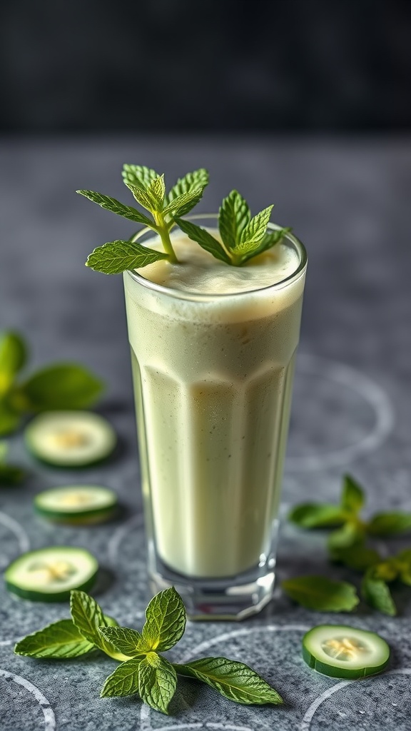 A refreshing cucumber mint smoothie garnished with mint leaves.