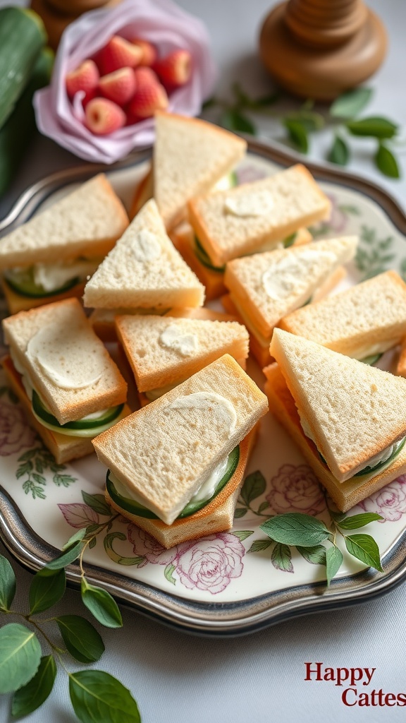Cucumber sandwiches with cream cheese on a decorative plate