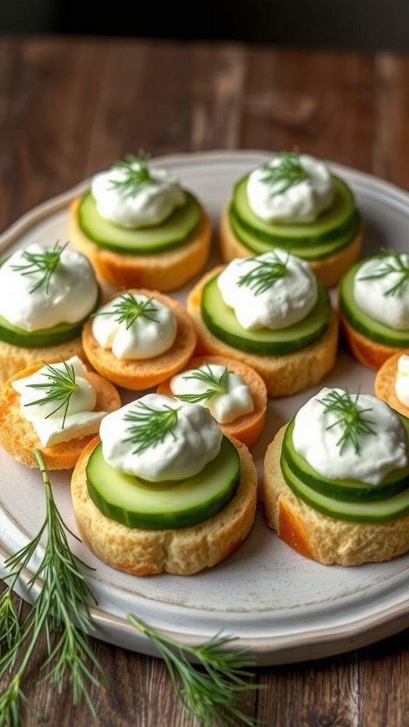 Cucumber sandwiches with cream cheese on a plate garnished with fresh herbs.