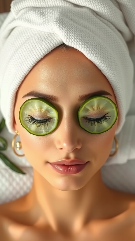 A person with a towel on their head relaxing with cucumber slices on their eyes