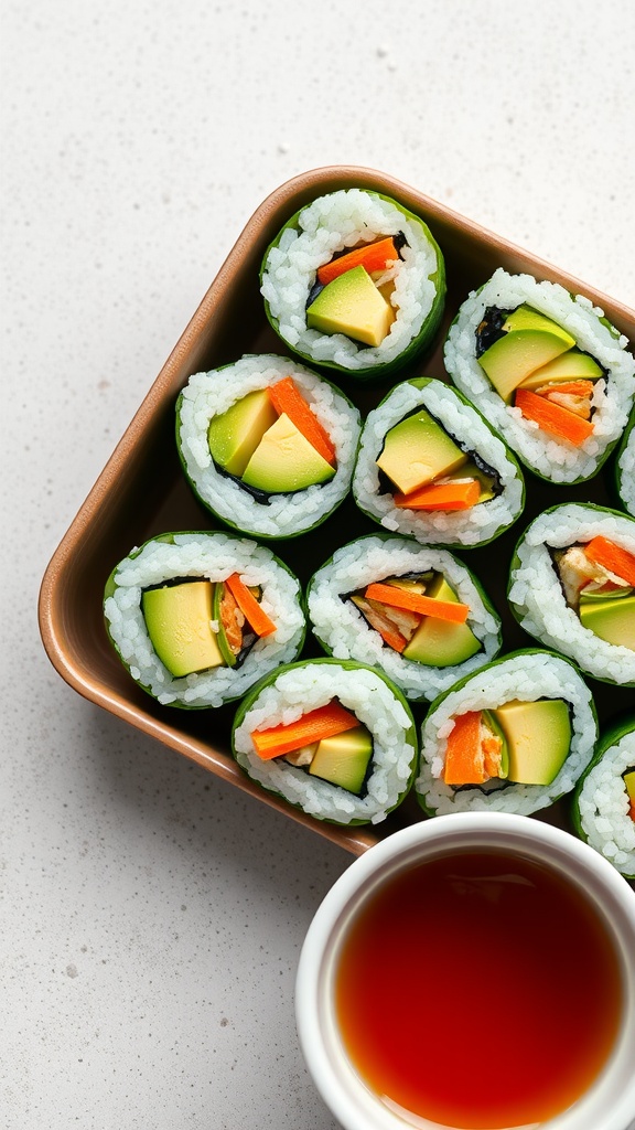 Cucumber sushi rolls with vegetables and dipping sauce
