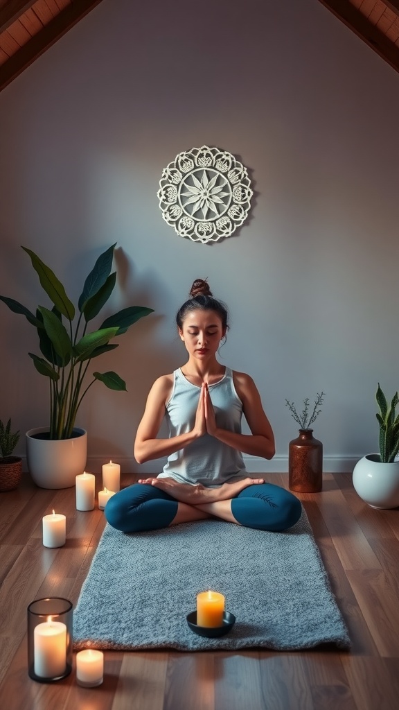 A person meditating in a bright room surrounded by candles and plants.