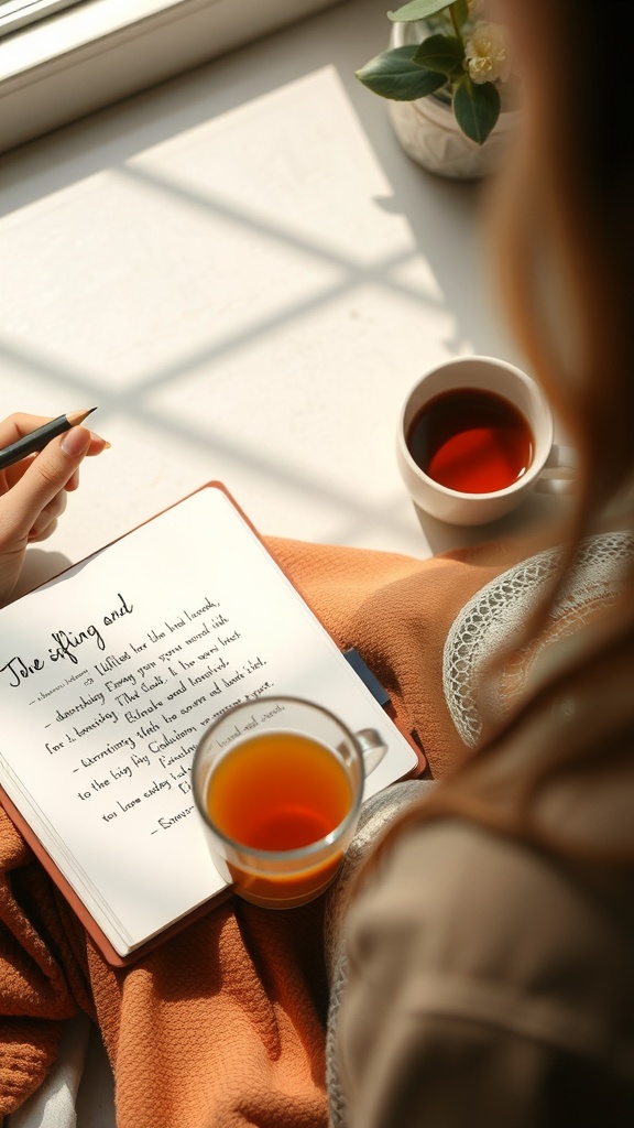 A person journaling in a cozy corner with a cup of tea, surrounded by natural light.