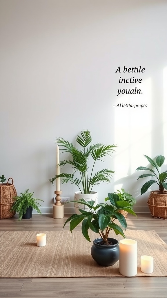 A calming interior with plants, candles, and a peaceful atmosphere.