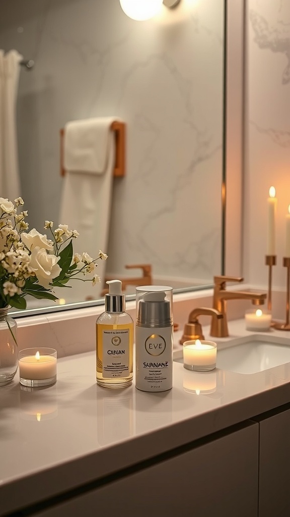 A serene bathroom counter with skincare products, candles, and fresh flowers, creating a calming atmosphere.