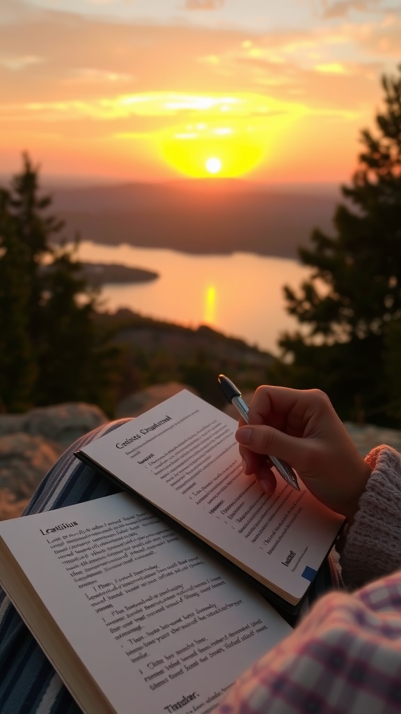 A person writing in a book while watching a sunset over a lake.