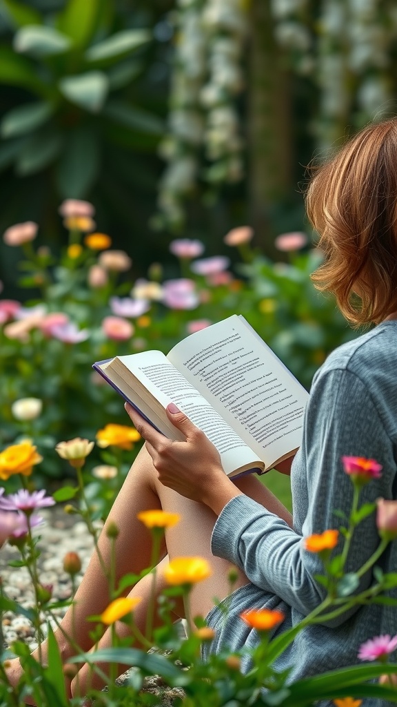 A person reading a personal development book in a vibrant garden filled with flowers.