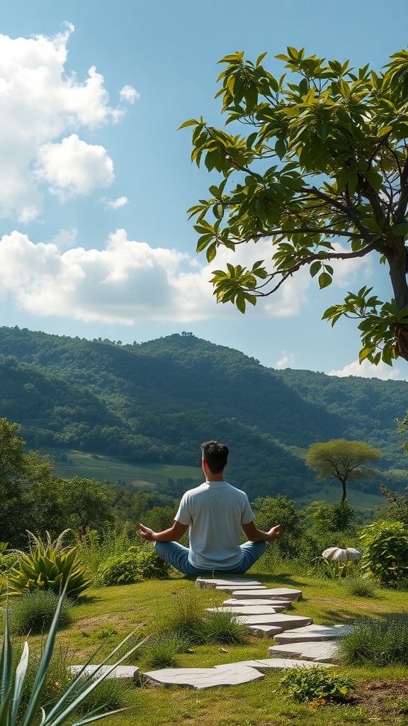 A person meditating in a green outdoor setting with mountains in the background.