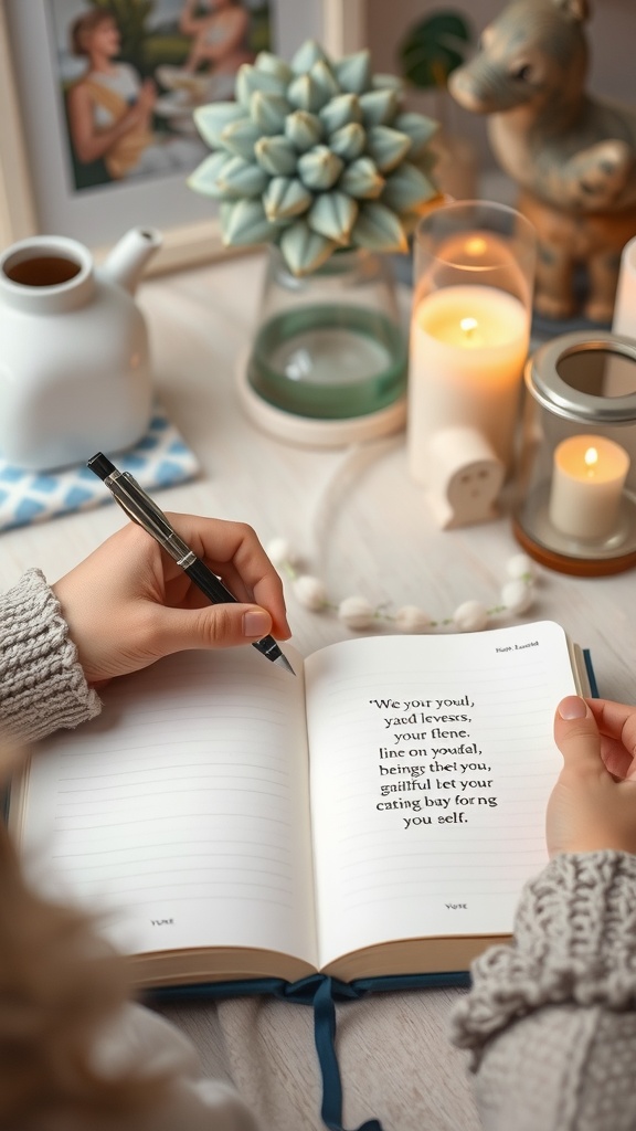 A person journaling in a cozy space with candles and plants.