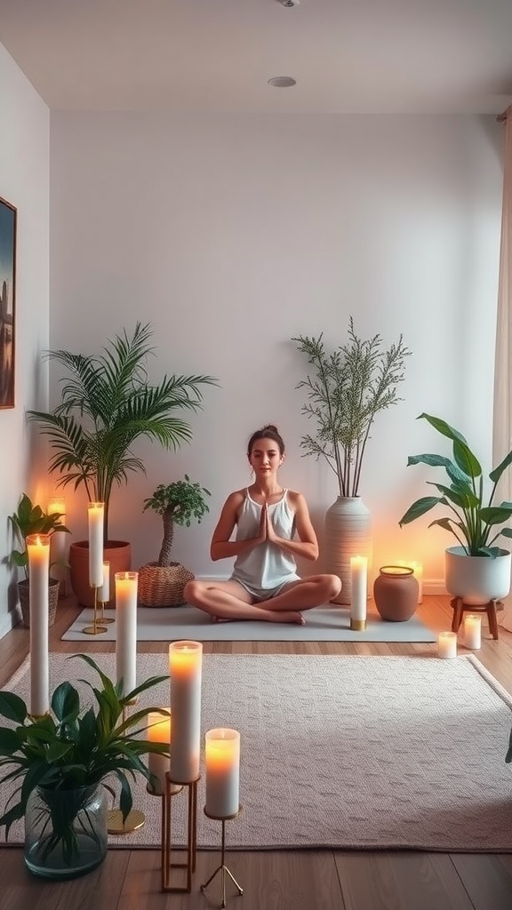 A woman meditating in a serene, candlelit room surrounded by plants.