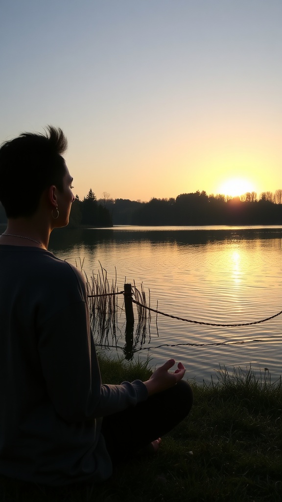 A person meditating by a lake during sunset, promoting tranquility and reflection.
