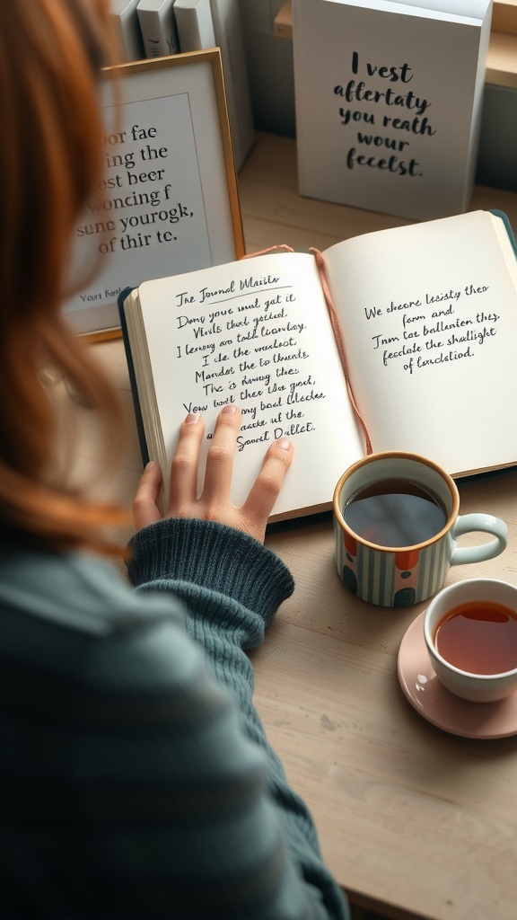 A person journaling with a cup of tea and inspirational quotes in the background.