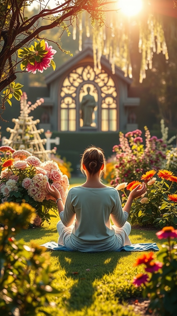 A person meditating in a colorful garden with flowers, symbolizing a positive mindset.