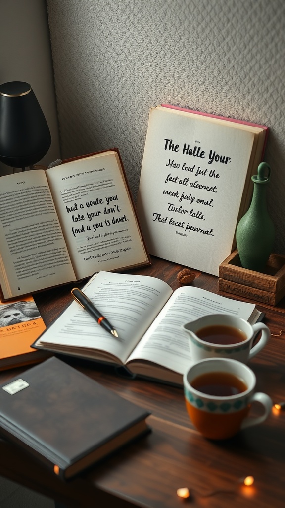 A cozy journaling setup featuring open books, a notebook, and two cups of tea.